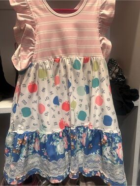 Girls Pink Striped Ruffle-Sleeve Dress with Multicolor Apple Print